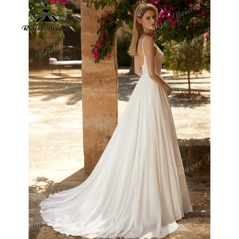 2027 Spaghetti Straps Boho Wedding Dress V‑Neck Crochet Lace Chiffon A‑Line Low Back Court Train Vestido De Novia Customized