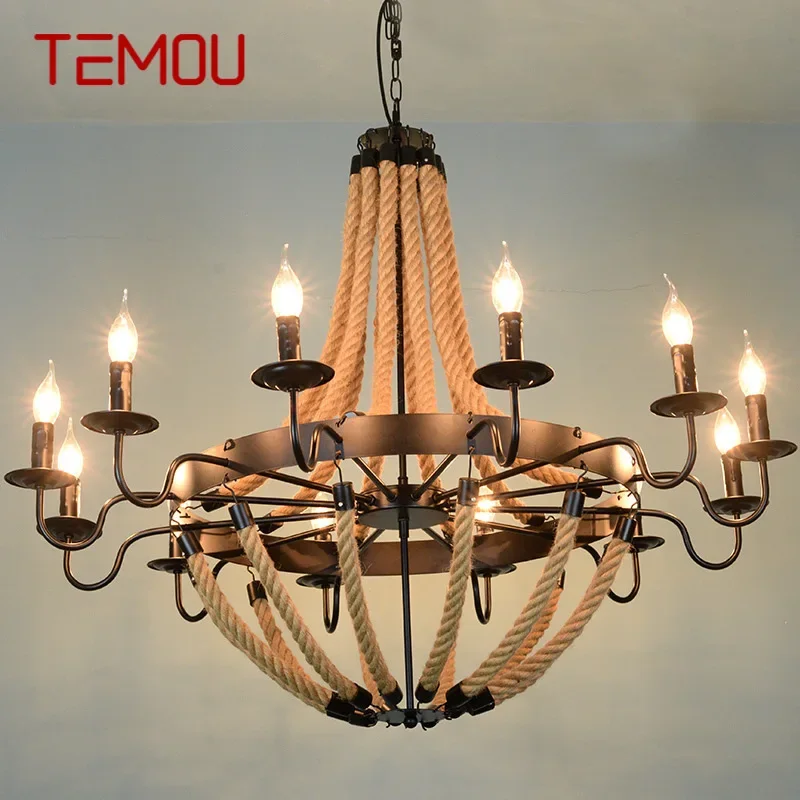 TEMOU American Style Retrohemp Rope Chandelier Nostalgic Loft Industrial Style Internet Cafe Restaurant Hot Pot Sho Chandelier