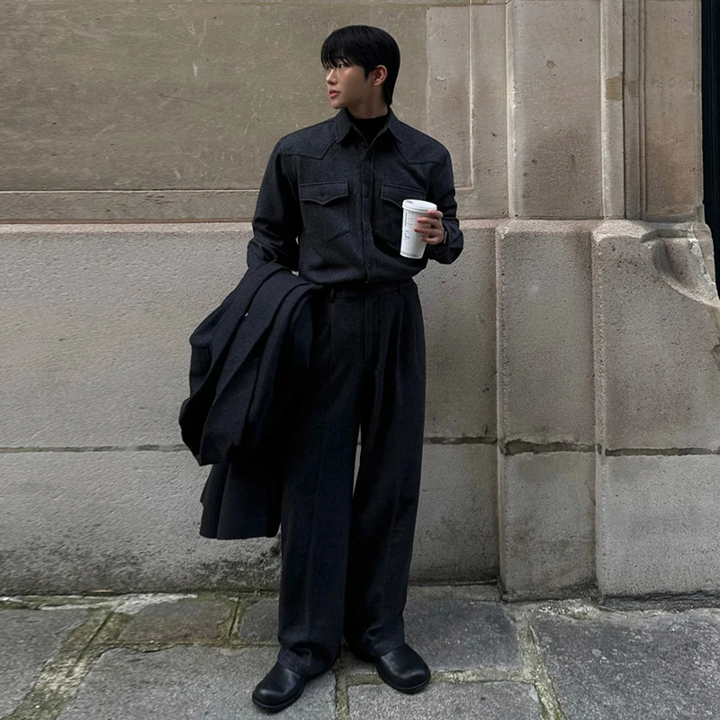 WTHT Fashion Men's Solid Color Pockets Lapel Cargo Shirts Trendy 2025 Winter High-waisted Wide Leg Pants Male 2A2505