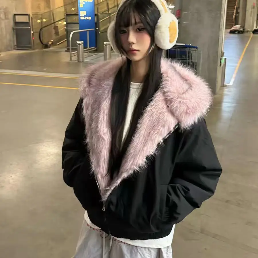 

2025 американская осенне-зимняя свободная куртка с шерстяным воротником и капюшоном для мужчин и женщин, корейская ретро-мода, новый тренд, мотоциклетные пальто