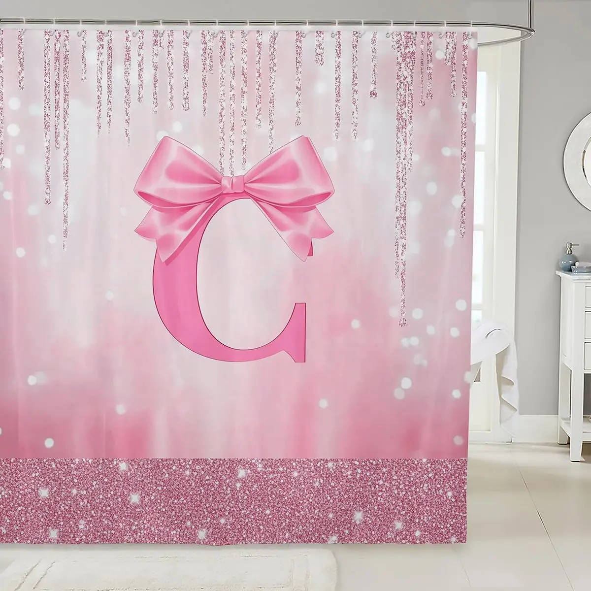 

Персонализированная водонепроницаемая декоративная занавеска для душа с буквой C, розовым блестящим бантом и градиентом для девичьей ванной комнаты и домашнего декора