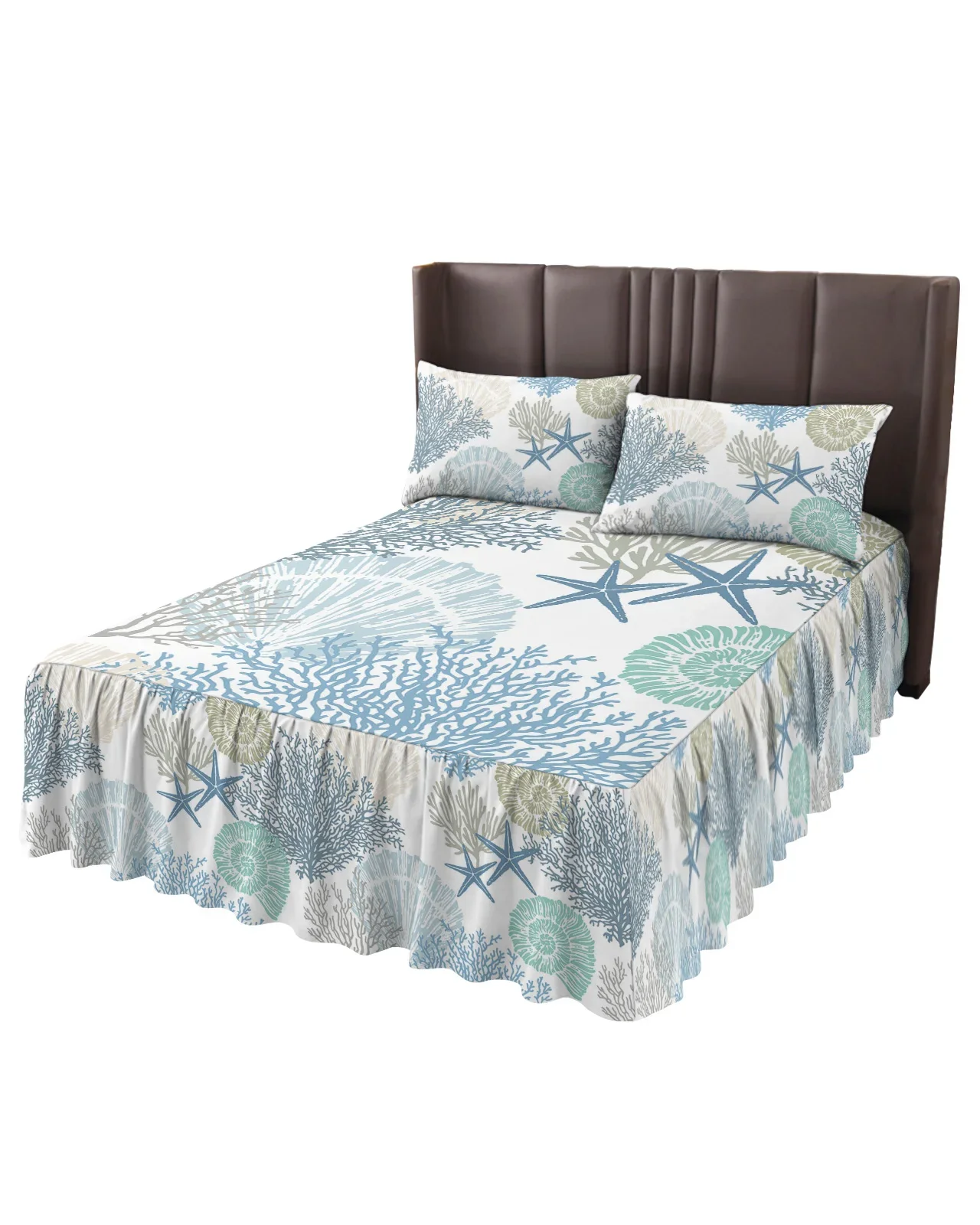 Blue Marine Coral Shells Starfish Bed Skirt Elastic Fitted Bedspread With Pillowcases Mattress Cover Bedding Set Bed Sheet