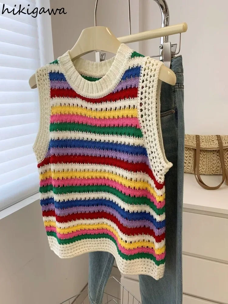 Rainbow Stripes Vest for Women 2024 Ropa Mujer Hollow Out Sleeve Jumper Sleeveless Casual Tanks Tops Knitted Thin Waistcoat