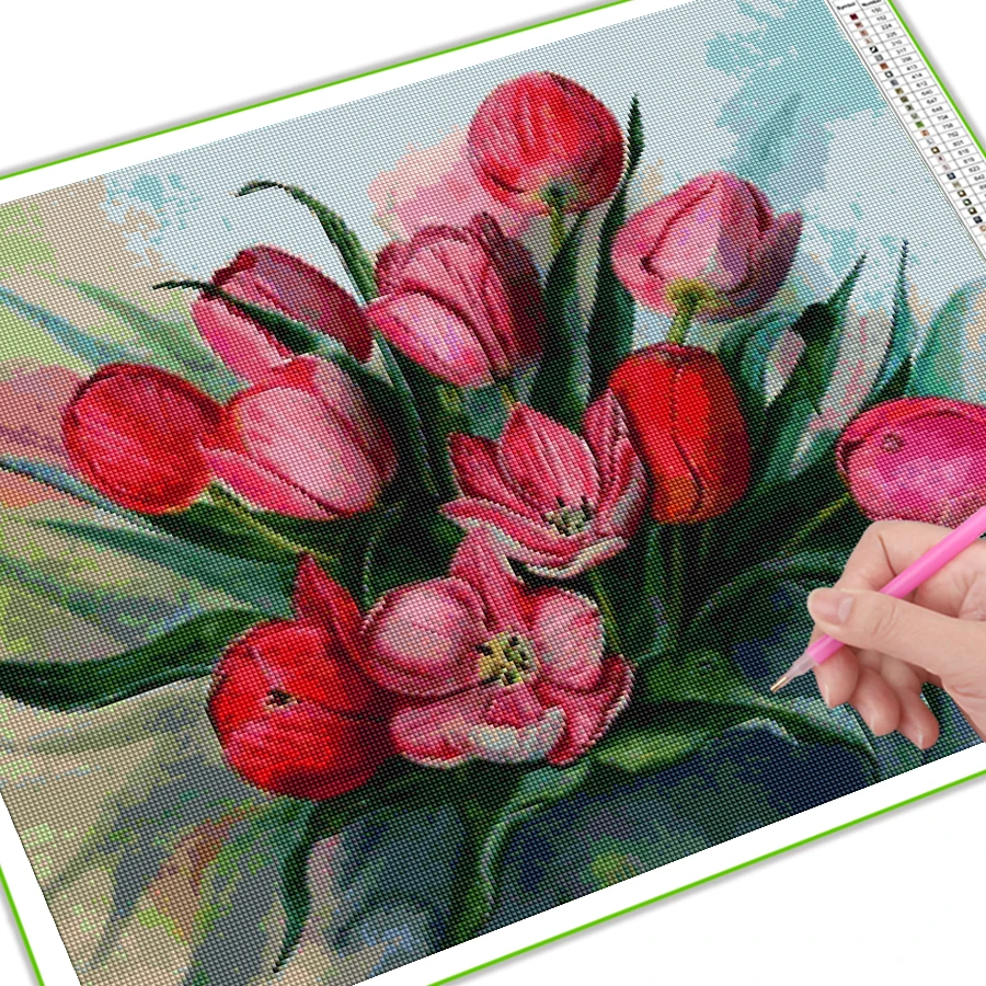 red tulips 5d diy diamond painting cross stitch full drill rhinestone embroidery flowers mosaic picture wall decor AA3580