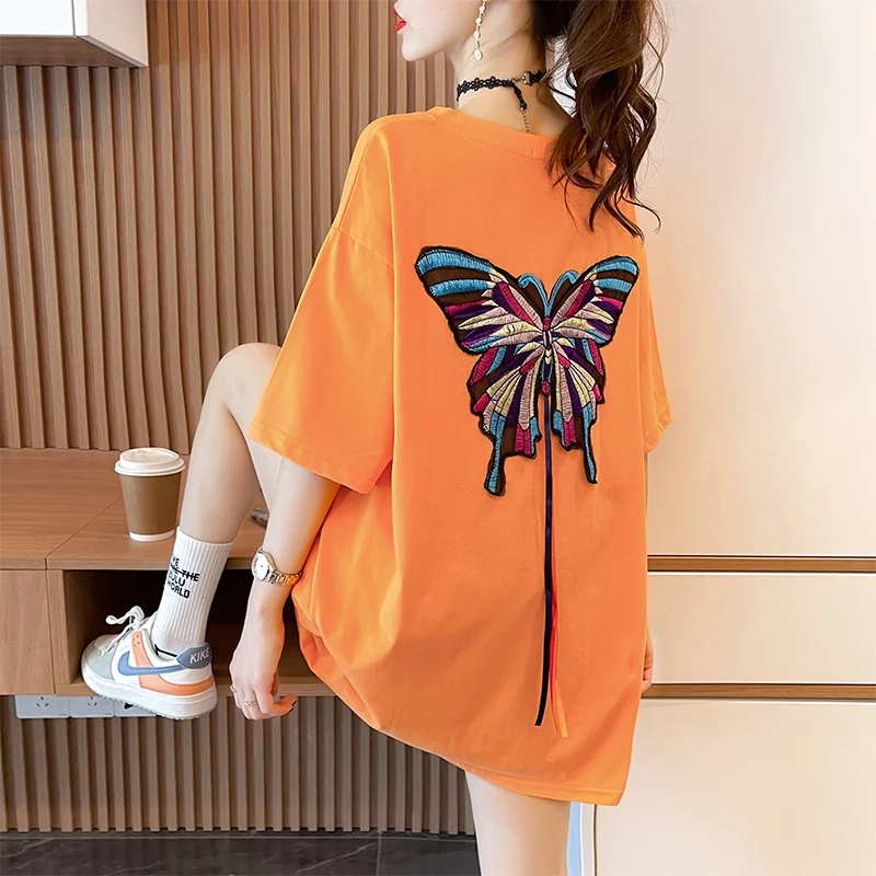 

Summer New Butterfly Embroidery Personalized Short sleeved T-shirt Women's Versatile Design, Small and Loose Top Trendy