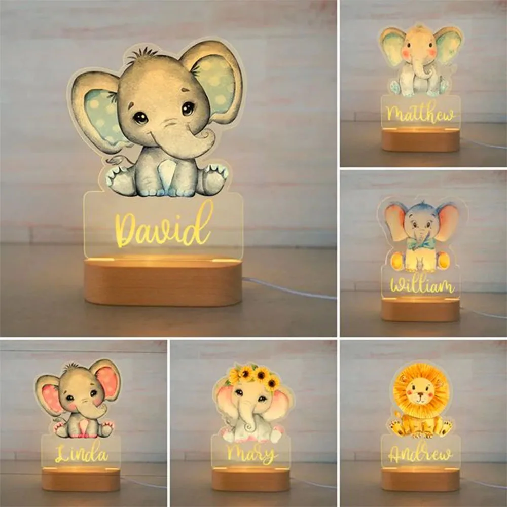 

Personalized Baby Elephant Lion LED Night Light USB 7 Colors Custom Name Cartoon Acrylic Lamp for Baby Boys Home Decoration