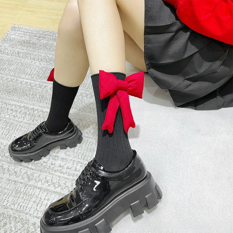 Womens Crew Socks Stylish Ribbed Decorative Red Bow Mid Calf Warm Socks for Daily Life and Holiday