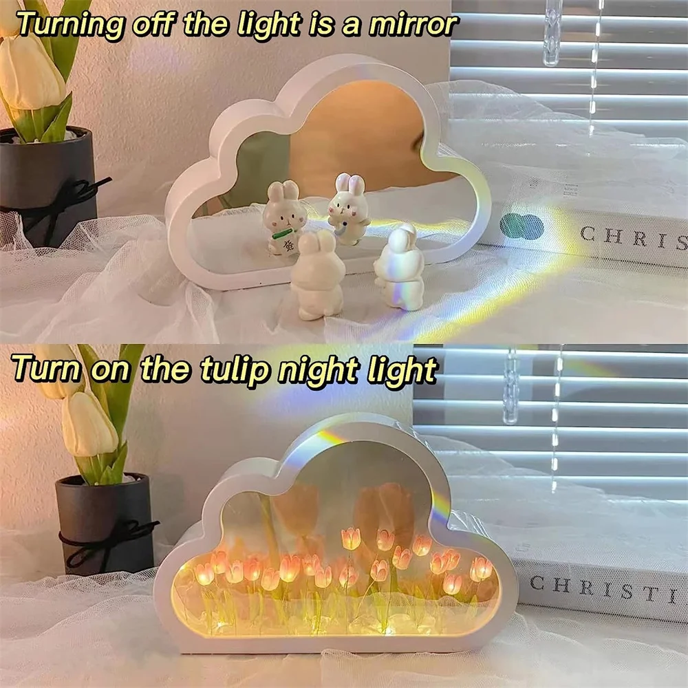 Luz de noche de tulipán de nube Diy, lámpara de espejo Led hecha a mano, decoración de escritorio para el hogar, espejo de flores de tulipanes 2 en