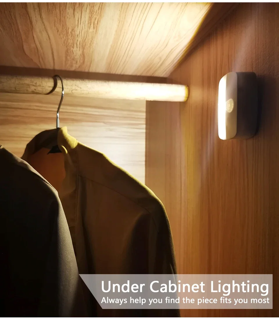 Stick on PIR Motion Sensor LED Night Light Battery Operated Nightlight for Bathroom Hallway Stairs Closet Cabinet Bedroom Decor