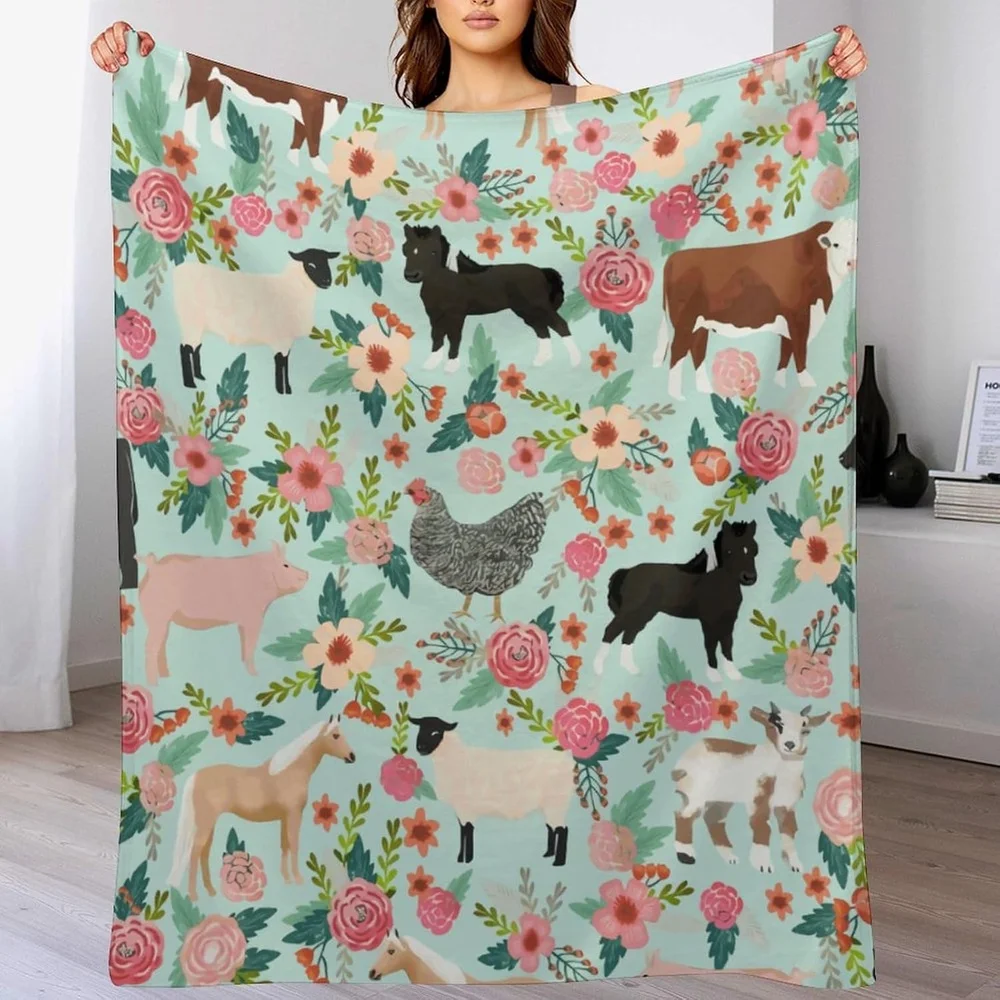 Farm Animal Sanctuary Pig Chicken Cows Horses Sheep Floral Flannel Throw Blanket Warm Shaggy Air Conditioned Blankets for Couch