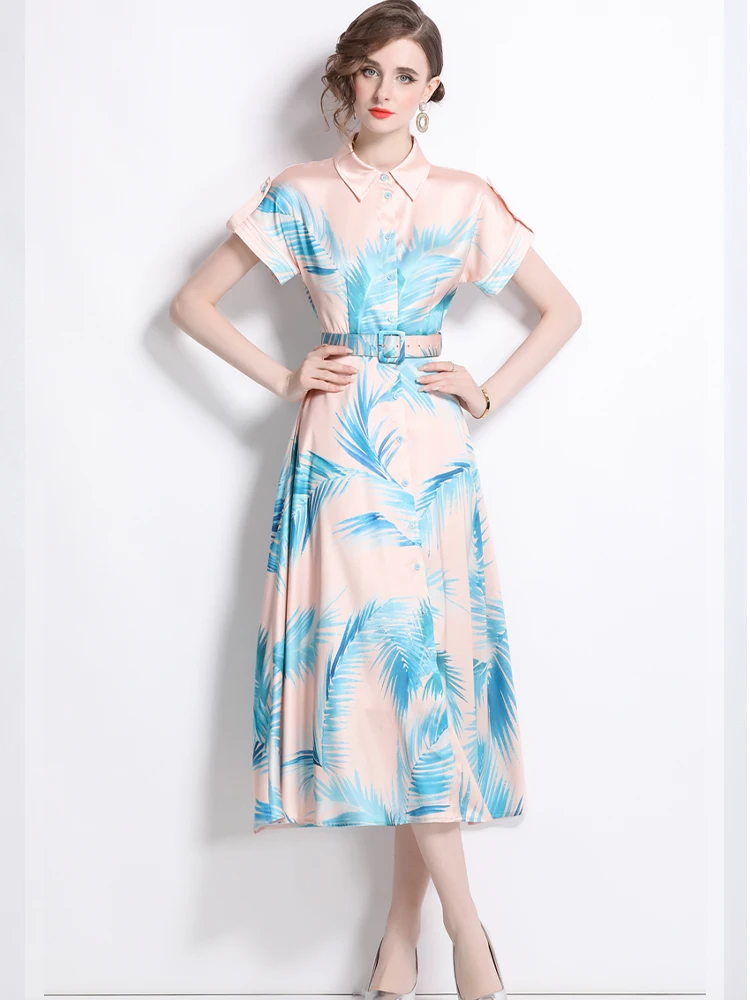 

Elegant Printed Slim Fit Short Sleeved Lapel Shirt Dress 2025 New Fashionable Summer Women'S Clothing