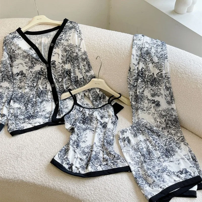 4 Pcs Pajama Sets Women Ink Painting Fashion Elegant Chinese Style All-match Breathable Soft Literary Summer Pijamas De Mujer