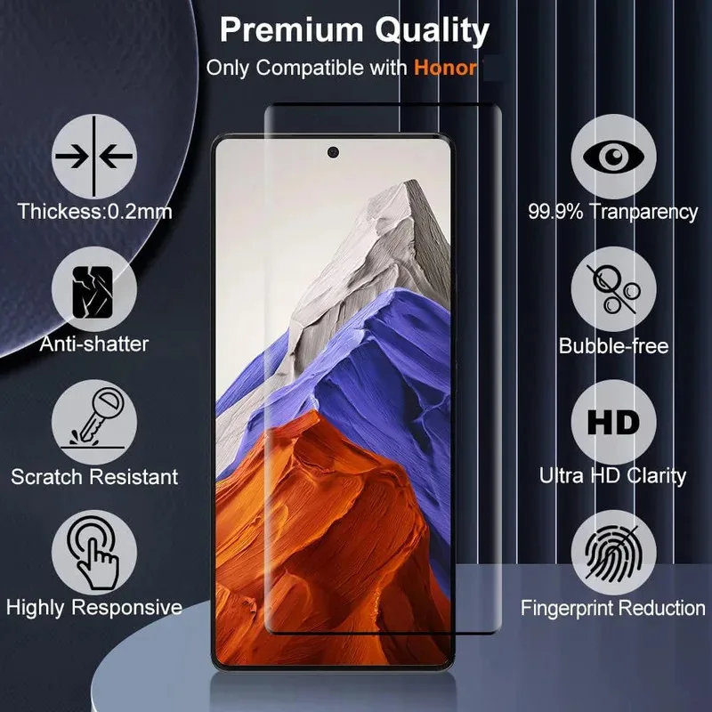 4 قطع واقي شاشة ثلاثي الأبعاد من الزجاج المقسى لهاتف Honor 90 90Pro - غطاء فيلم مع طلاء مضاد للبصمة ومضاد للكسر