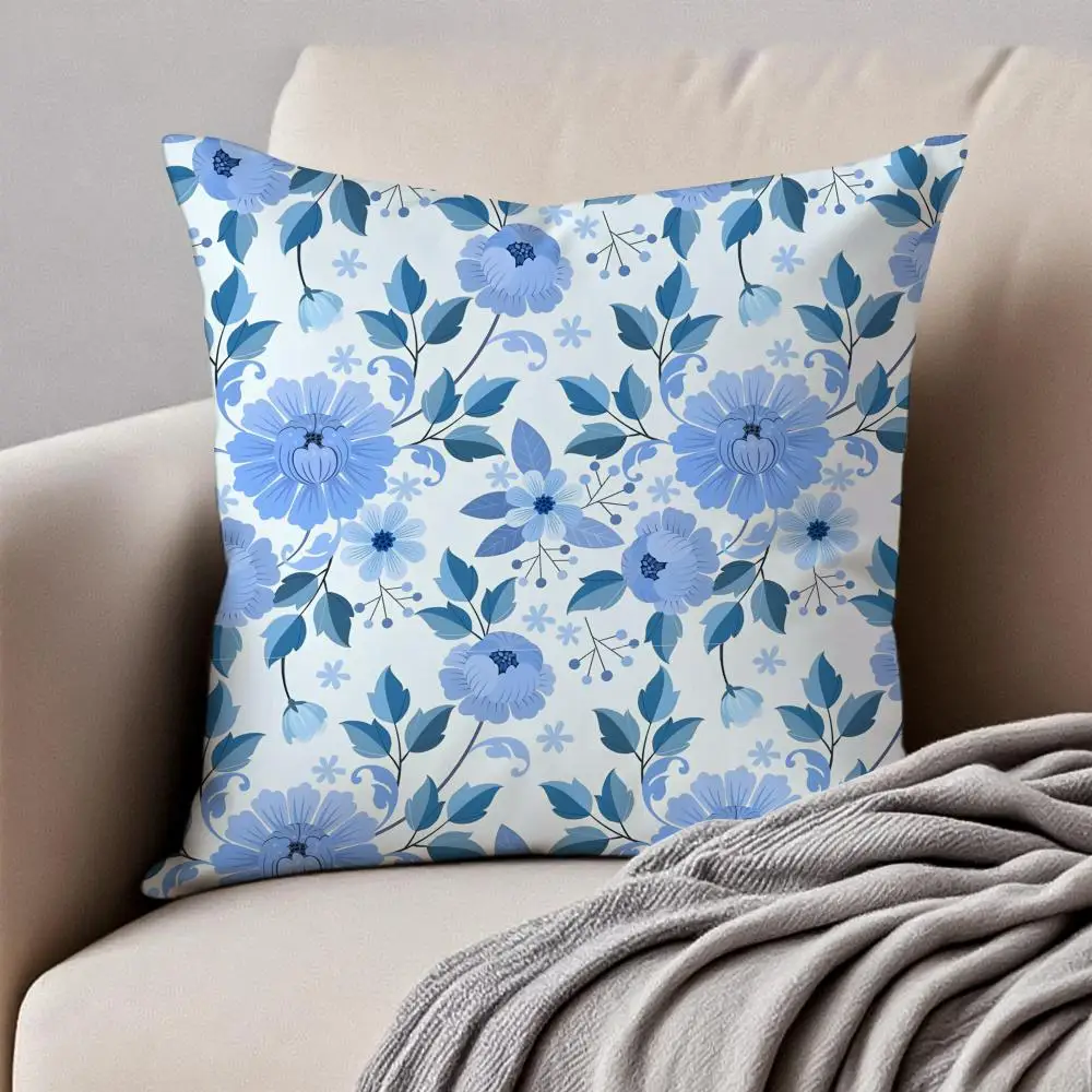 1pc Blue White Floral Pillow Cover, Polyester 2D Double-Sided Print, Nordic Green Plant Cushion Case, Decorative Throw Pillow fo