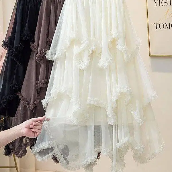 Casual High Waist Mesh Half Skirt Women's Spring Fashion Design Asymmetrical A-Line Umbrella Skirt with Wood Grain Ruffle