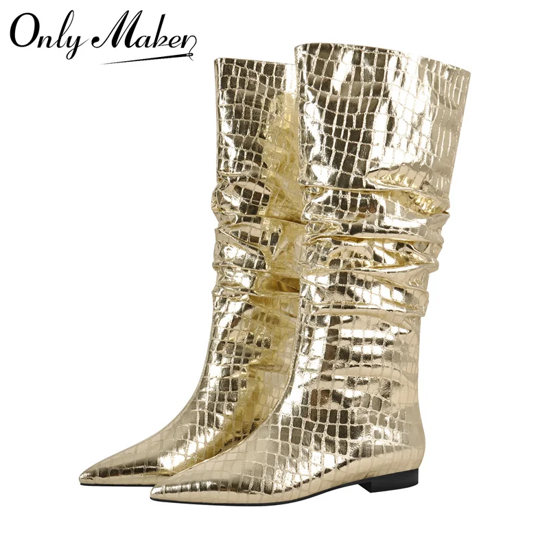 

Onlymaker Women Gold Pointed Toe Pleated Flat Knee High Boots Block Heel Pull-On Metallic Fashion Warm Winter Boots