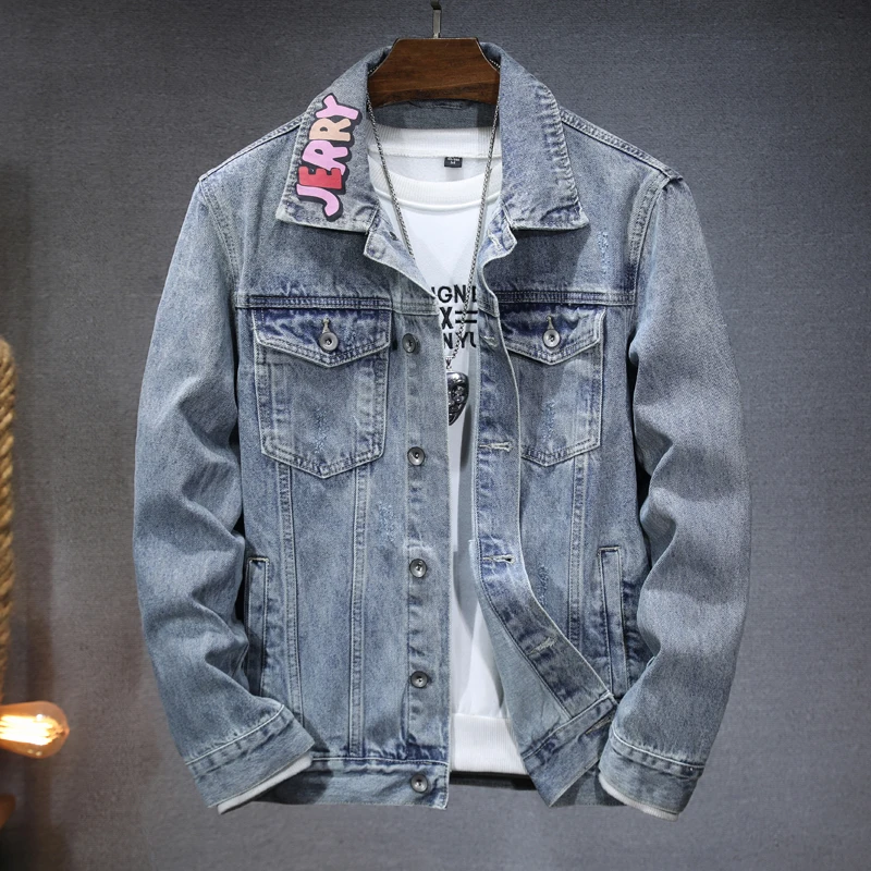 Cartoon print design denim jacket men's autumn 2024 New coat casual fashion street retro collar loose coat