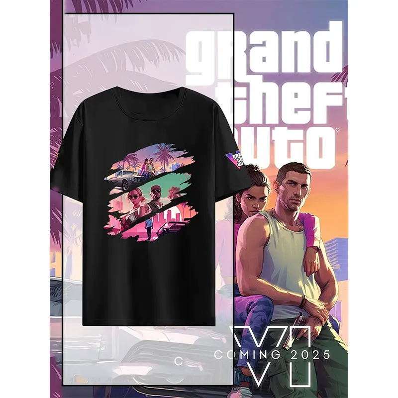 Camisetas سرقة السيارات الكبرى VI GTA6 لعبة تي شيرت Camisa القطن س الرقبة ألعاب قميص مطبوع عادية مضحك القوطية المحملة Y2k الملابس