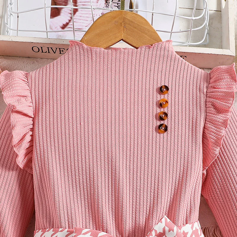 Kids Casual Dress for Girls Clothes 2024 Autumn Winter New Toddler Pink Houndstooth Long Sleeve Princess Dress Fashion Children