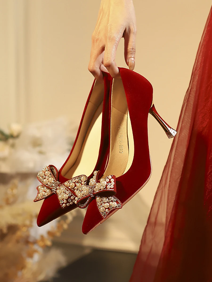 

Ele Red Velvet Pearl Knot Pointed Toe Thin Heel Wedding oes for Women High Heels Suitable for Wedding Banquets