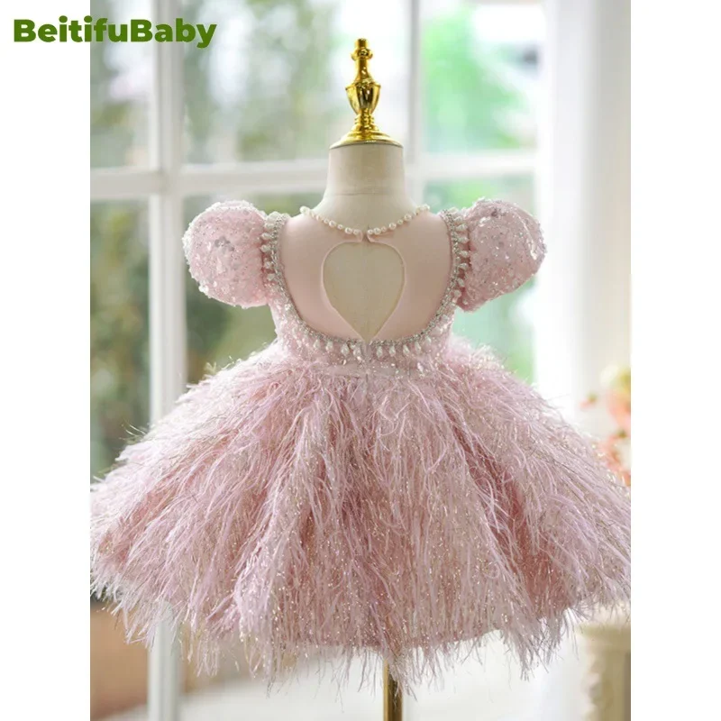 BeitifuBaby vestido de flores Retro Para niña, falda de plumas de perlas de manga corta, vestido de baile, banquete de boda, vestido de fiesta para niños, moda