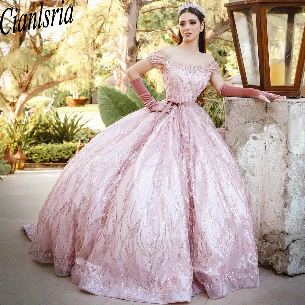 Pink Glitter Crystal Sequined Ball Gown Quinceanera Dresses Off The Shoulder Belt Corset Vestido De 15 Anos