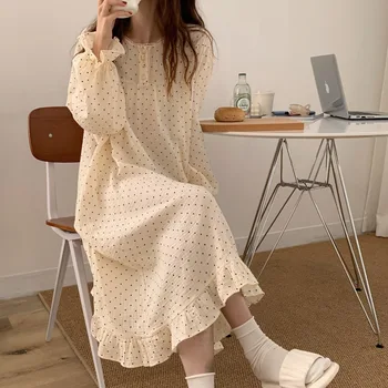 Polka dot camisola sleepwear feminino coreano babados noite vestido primavera uma peça pijamas manga longa o pescoço casa wear 2024 novo