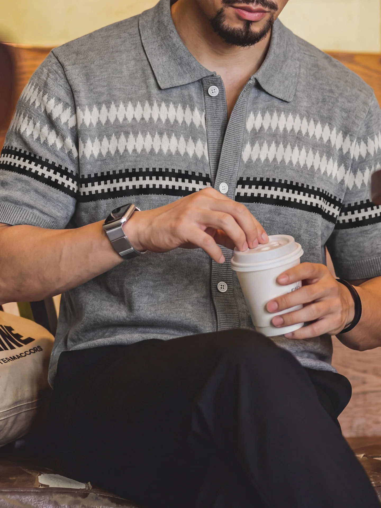 Summer New Men's  Shirt Classic Fair Isle Knitted Short Sleeve Breathable Cool Feeling Old Money Style Leisure Wear