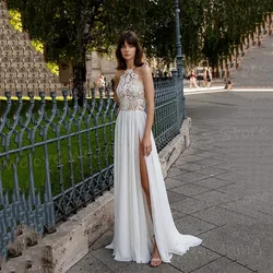 Pretty A Line Wedding Dresses For Women Lace Appliques Bride Gowns Halter Neck Sleeveless Side High Split Vestidos De Novia Boda