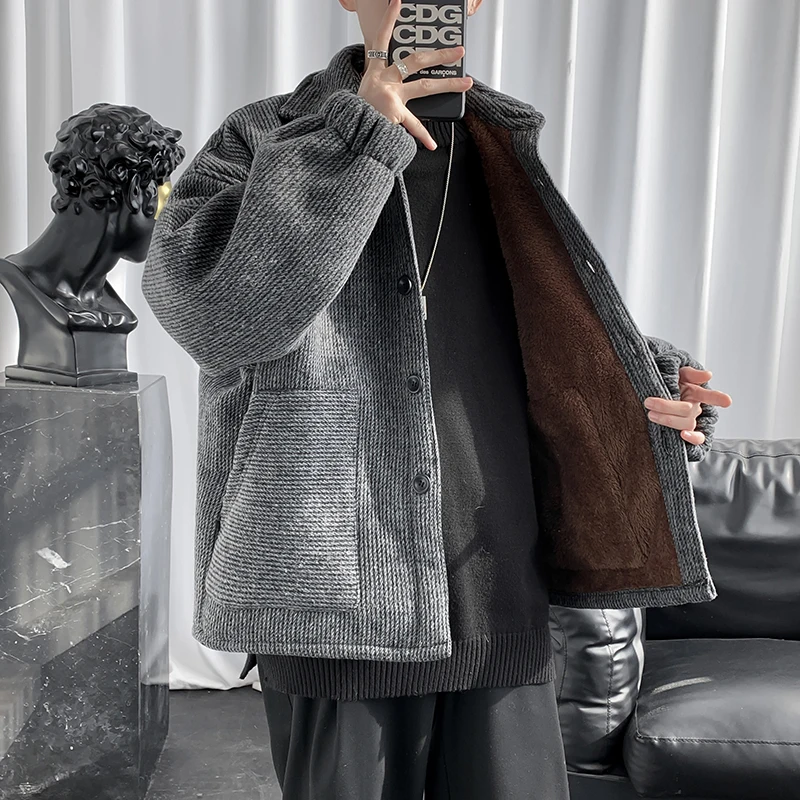 

Men's Corduroy Jacket Thickened Fleece Casual Outerwear Winter Coat Pure Color Youth Fashion Cleanfit Style Button Closure