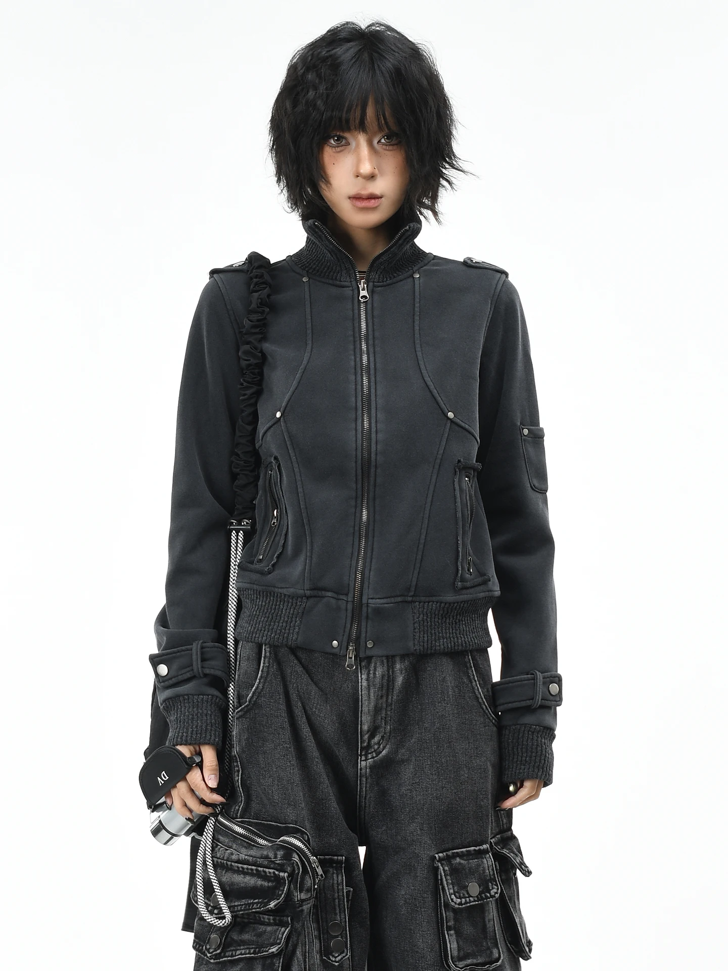 

OV оригинальная американская ретро Waed Fce Lined ort Fit женская байкерская куртка зимняя утягивающая толстовка с капюшоном хлопок длинная све на молнии