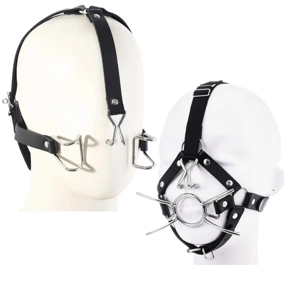 Adult Leather Head Bondage Harness Hood Mask with Metal Restraint Nose Hook Erotic Gadget for Couple BDSM Interactive Sex Toys