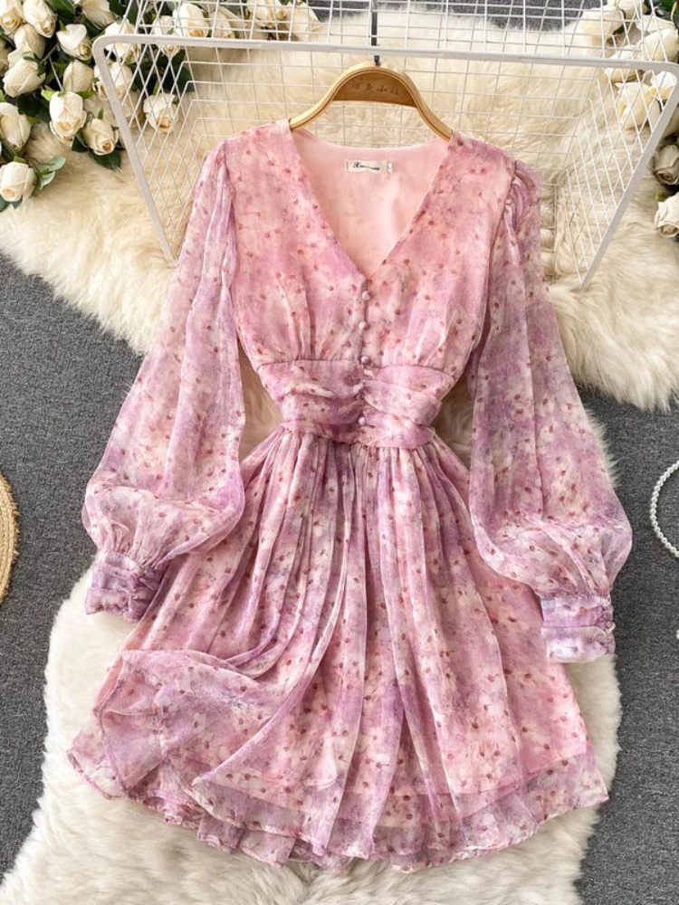 New Women Floral Chiffon Dress Spring Summer Puff Sleeve Sexy V-neck Beach Dresses Ladies French Elegant Short Dress Vestidos