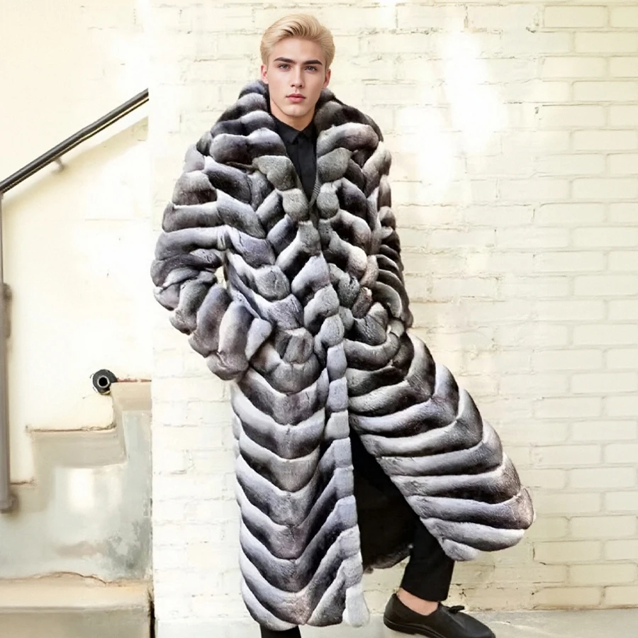 Real Rex Rabbit Fur Coat With Collar Extra Long Winter Fur Jacket Chinchilla Fur Jackets Best Seller Natural Fur Coat Men