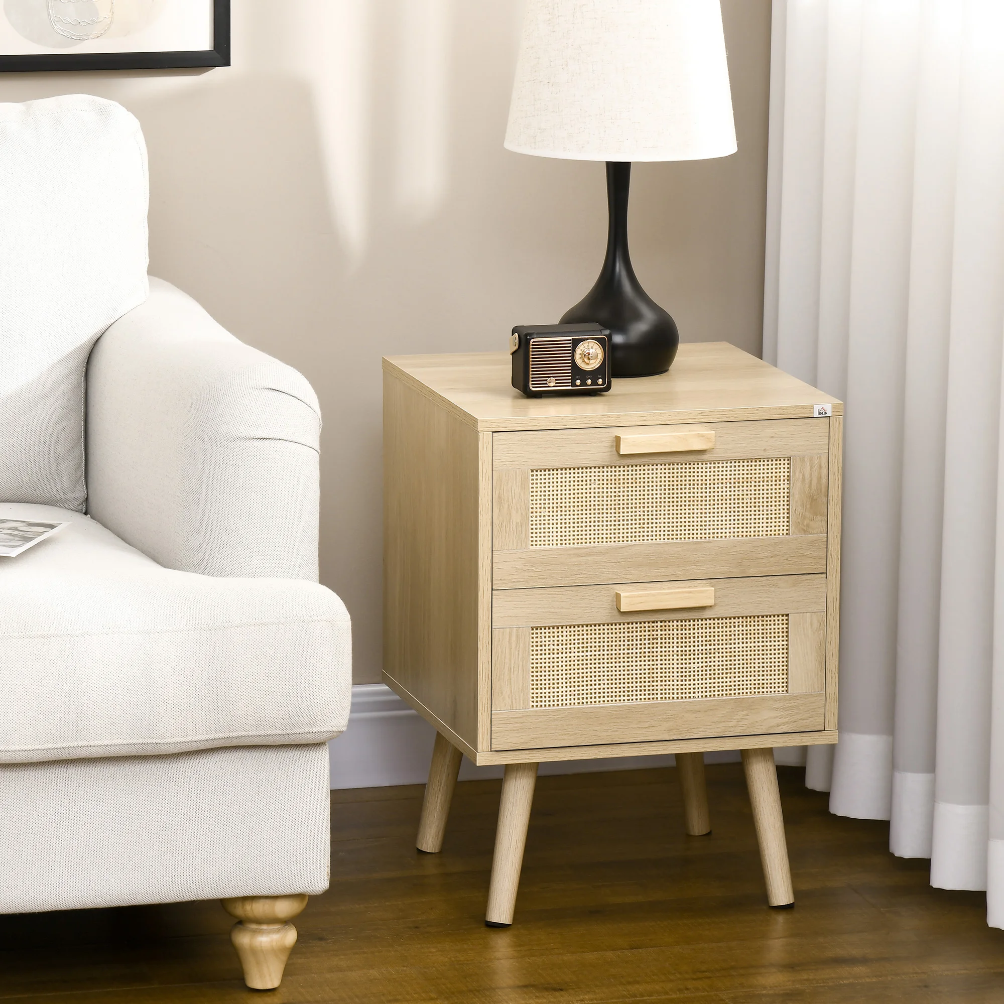 Homcom Madera Natural Mesita De Noche De Diseño Boho Mesilla De Noche Con 2 Cajones Y Patas De Madera Para Salón Dormitorio 40X40x56 Cm Natural