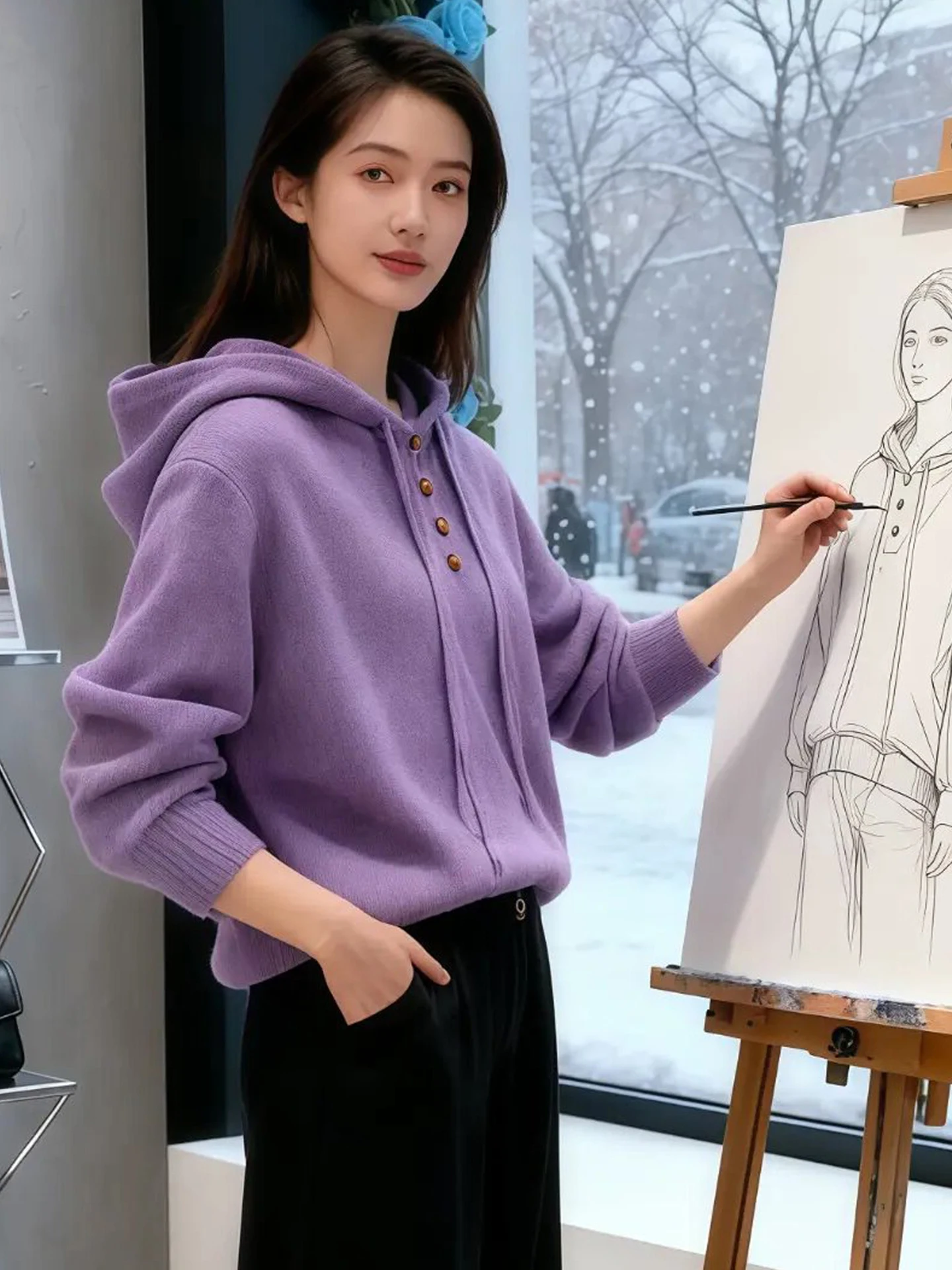 Capispalla da donna con cappuccio lungo Sve in puro colore confortevole maglione lavorato a maglia alla moda Top anti-età invernale Faion Design