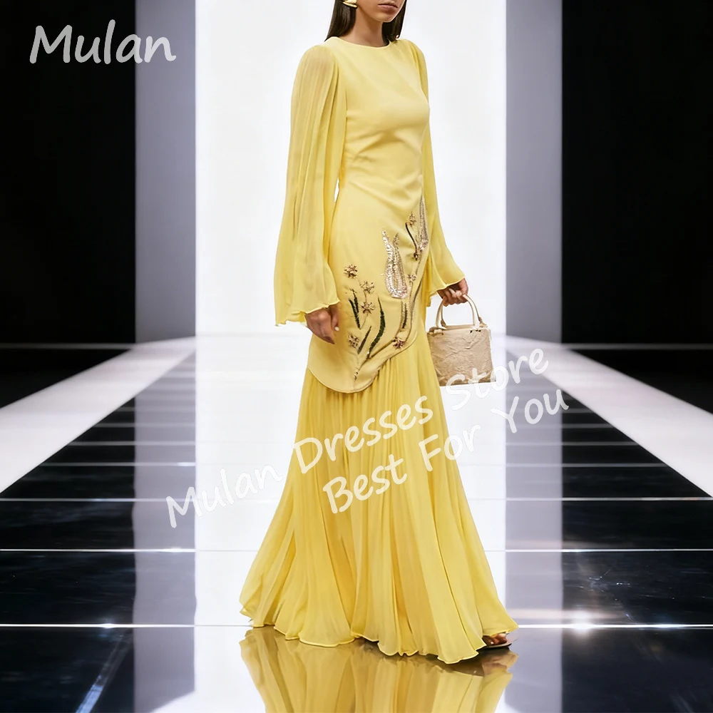 

Customized New In Yellow Long Evening Dresses for Special Occasions O-Neck Floor-Length Arabia Dubai Women Gala Prom Party Gown