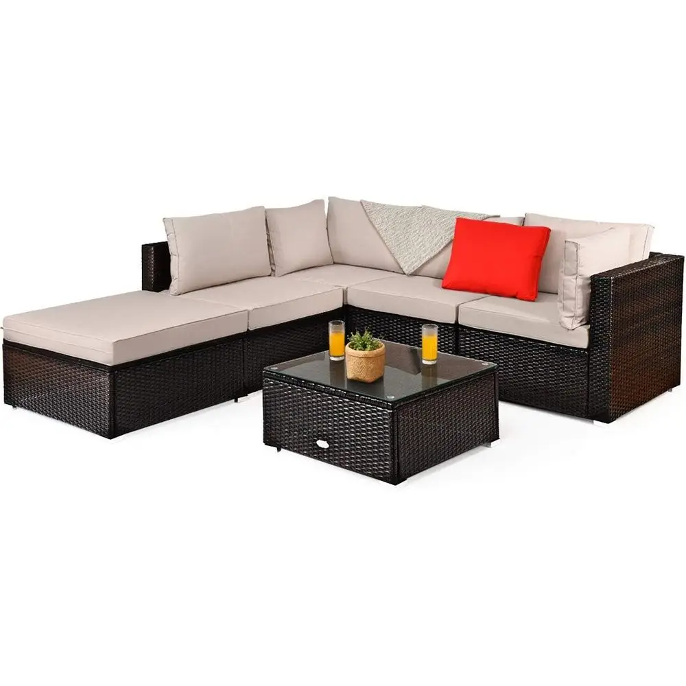 6-Piece Outdoor Patio Furniture Set, Durable Steel and PE Rattan Wicker Sectional Sofa with Coffee Table, Beige