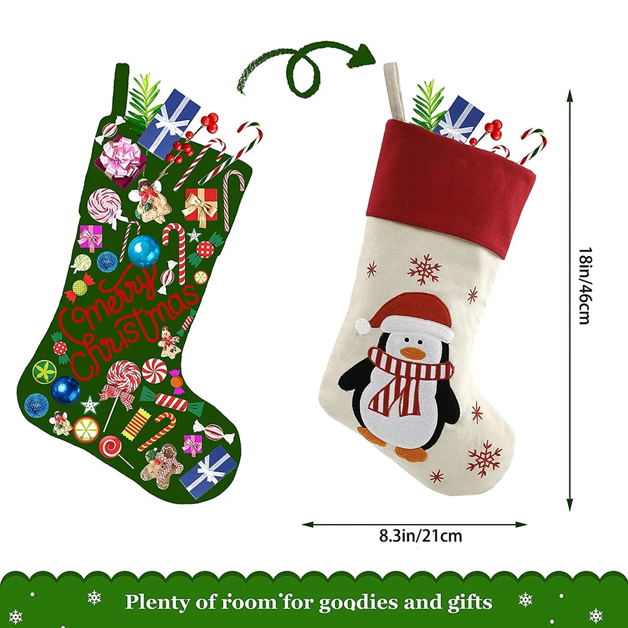 4 Pcs 46cm Knitted Christmas Socks Gift Candy Bag Elk Santa Claus Pattern Red Socks Hanging Decoration New Year Children's Gift