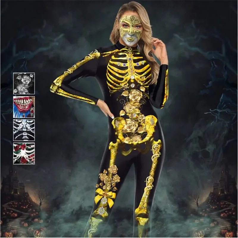 Ataullah 3D Print Scary Skeleton Costume Jumpsuit Halloween Costumes For Women Mechanical Skull Bone Elastic Bodysuit DW008 UY26