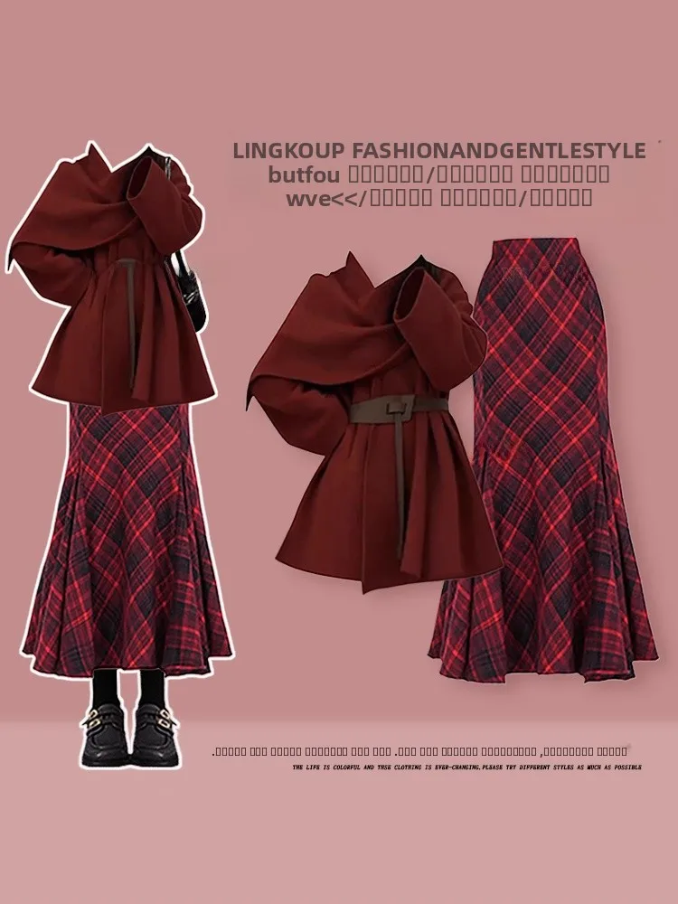 

Ele Cisas Красный комплект из двух предметов Женская осенне-зимняя верхняя одежда Faion с уникальной юбкой с высокой талией