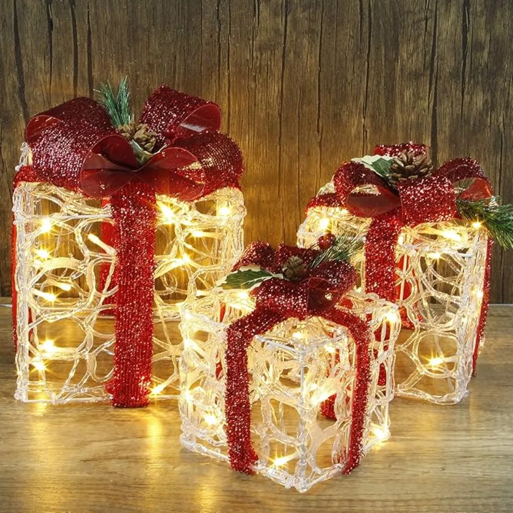 3-piece Christmas Acrylic Lighting Gift Box with Flashing Lights, 10+8+6 Inches 480 LED Warm White Fairy Light