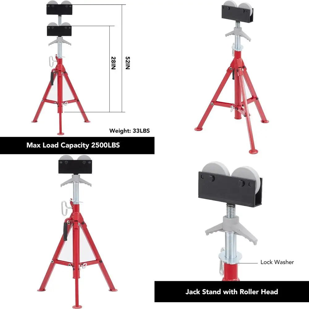 

Регулируемая по высоте опора для труб, диапазон 28-52 дюйма, для труб диаметром 1/8-12 дюймов, нагрузка 2500 фунтов, сверхпрочная углеродистая сталь, портативная складная конструкция