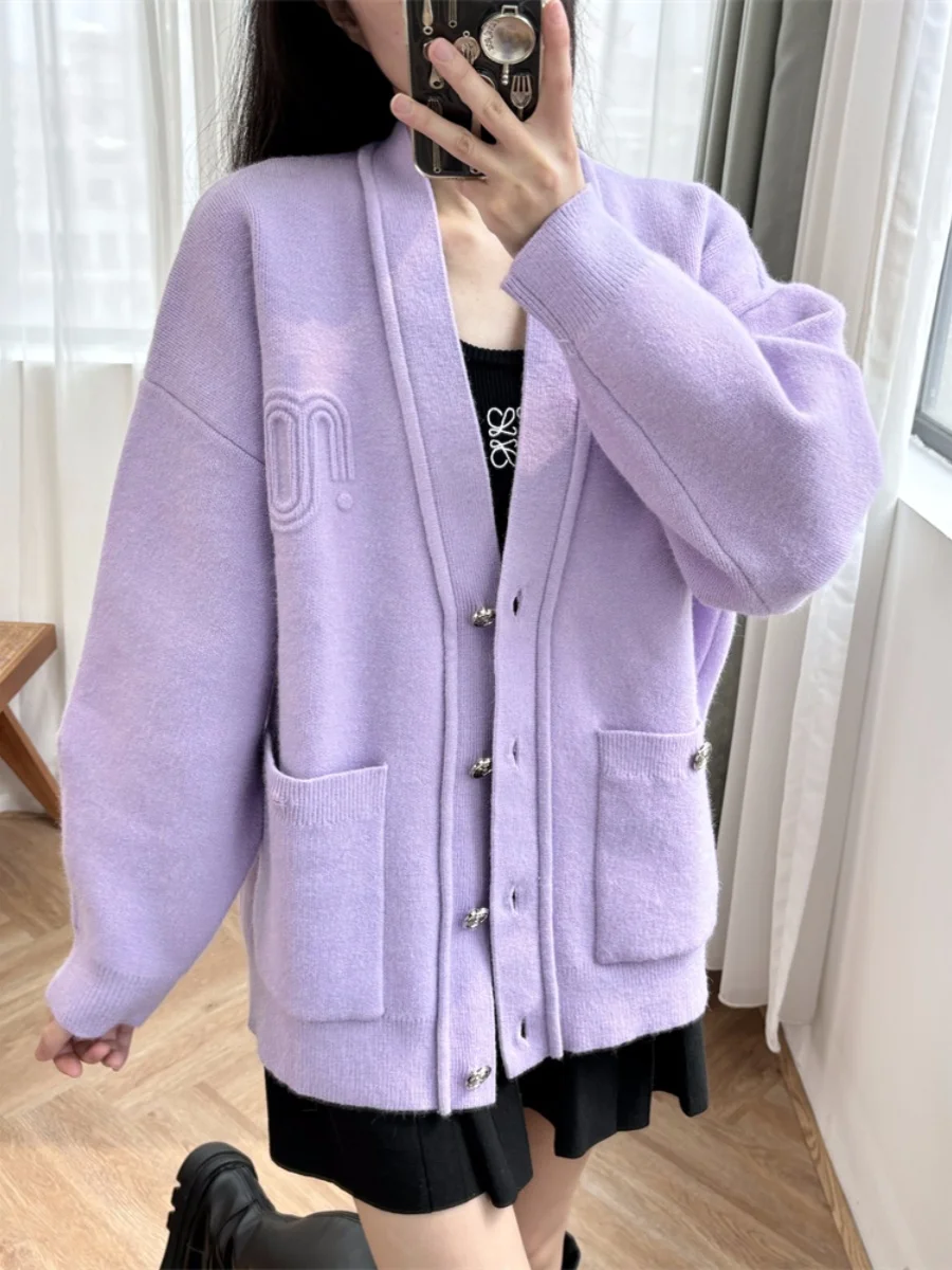 Faionable violet clair tricoté ouvert Cardigan coupe ample printemps 2025 Quali brodé femmes longue Sve v-ne pull