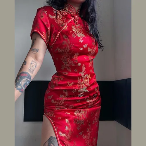 Nuevo vestido de estilo chino Jacquard satén Cheongsam mujeres Sexy Split Qipao tradicional vestido con botones Vestidos de fiesta de noche