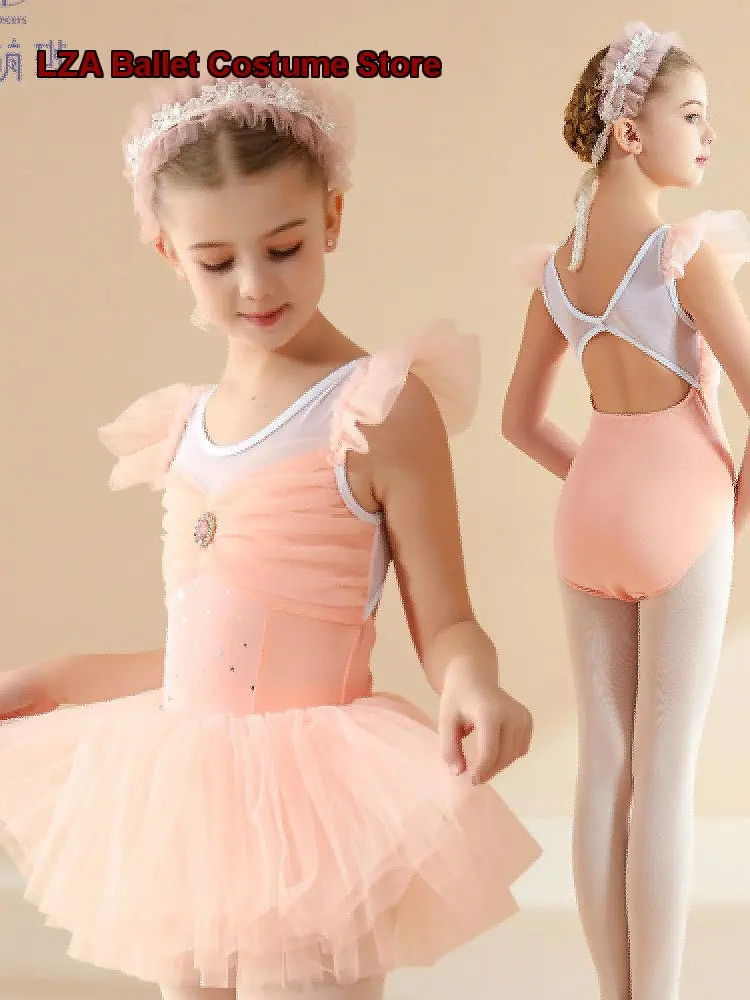 Girls' Performance Tutu Skirt Summer Short Sleeves Practice Leotard Jumping Skirt Performance Costume