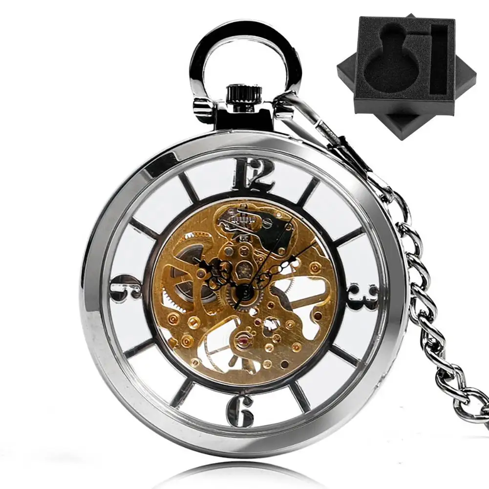 

Серебряные механические карманные часы с ручным заводом, прозрачное стекло, полые арабские цифры, циферблат, мужские часы-брелок с подвеской на цепочке, подарок