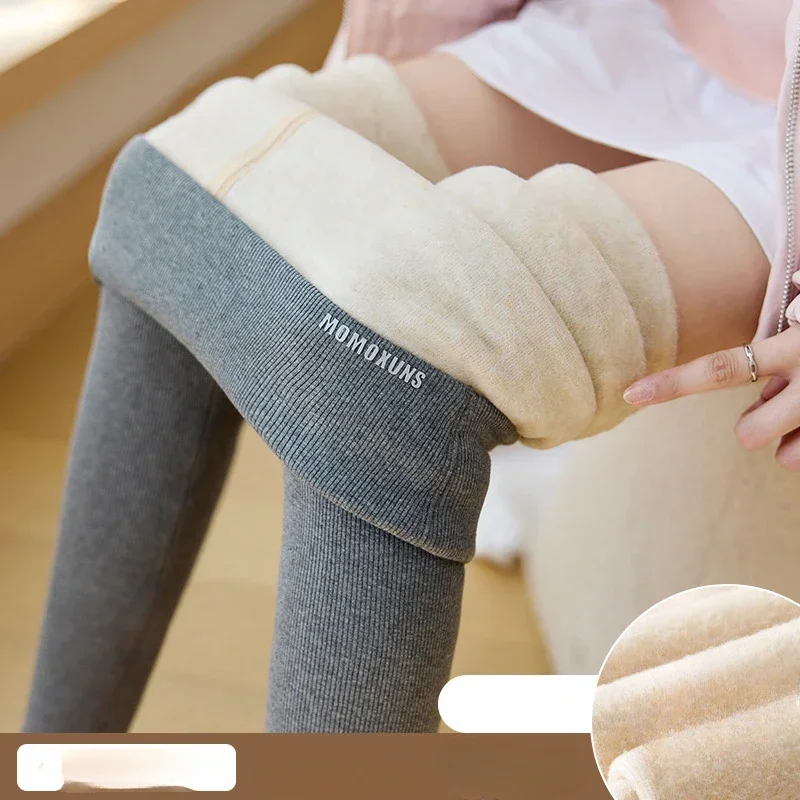 High Waist Women Cotton Vertical Strip Fleece Leggings Warm Leggings Winter Fashion Slim Thickening Keep Warm Pure Pant
