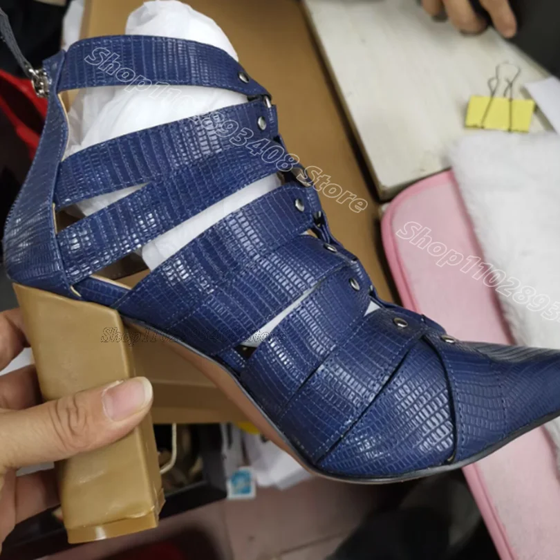 

Blue Pattren Leather Zip Pumps Solid Chunky Heels Pointed Toe British Style Fashion Women New Sexy Shoes Zapatos Para Mujere