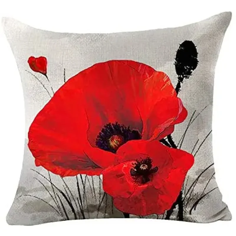 Charming Retro watercolor oil paint red poppy cotton throw linen pillow cover new home office decorative indoor decorative